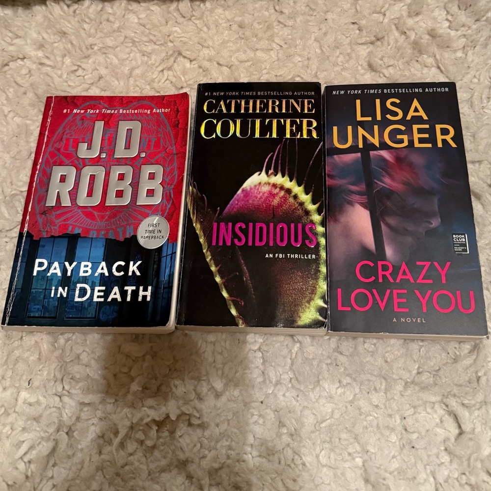 Thriller/ Mystery Book Trio: Payback in Death, Insidious, Crazy Love You